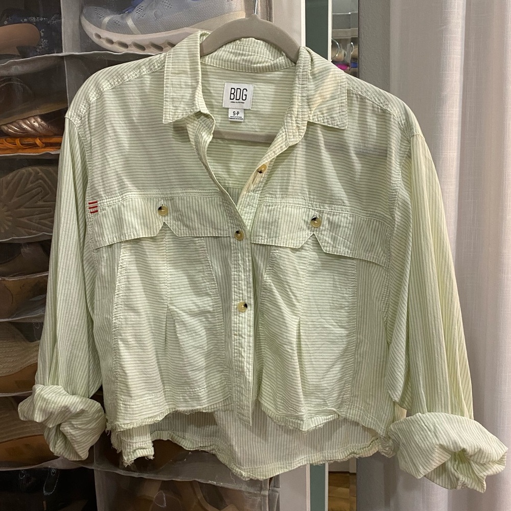 BDG Green Pinstripe Cropped Button Down with Frayed Edge